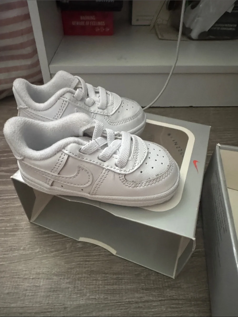 Nike white and gray Force 1 Crib (3C) Shoe Box